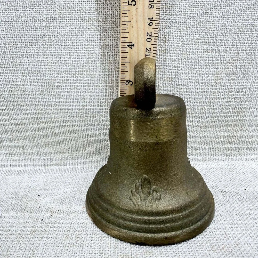Vintage Heavy Brass Hand Bell Fleur-de-Lis Emblem Antique Style School Bell 5in